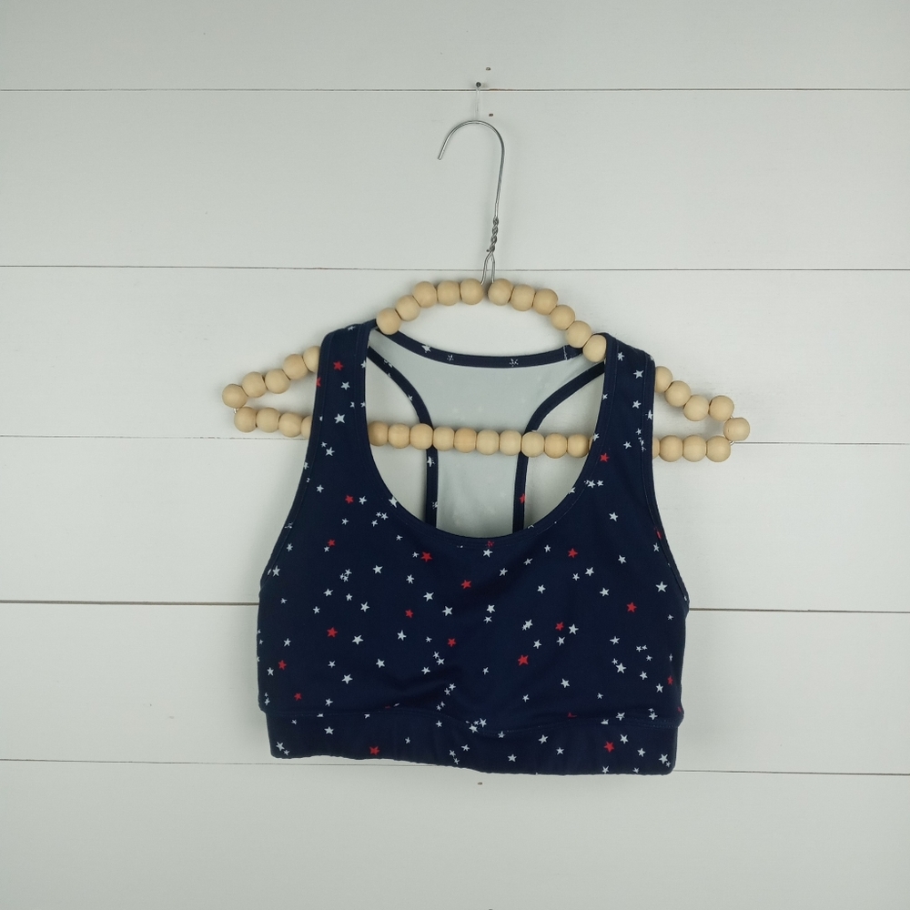 Gap Fit womens size S red white blue star design sports bra razor back, padded